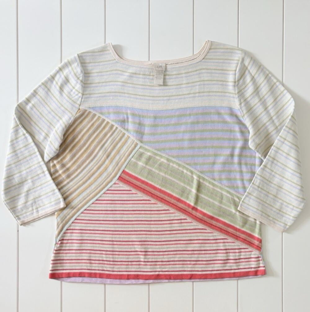 J Jill Patchwork Stripe Cotton Knit Top Colorful 3/4 Sleeve Womens L Artsy
